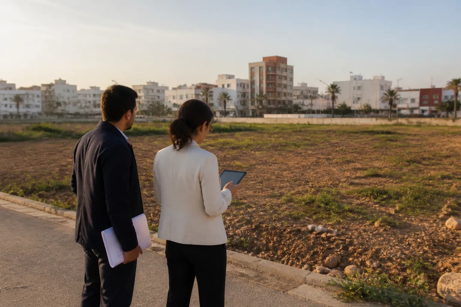 Promoteur et architecte analysant une parcelle à Casablanca