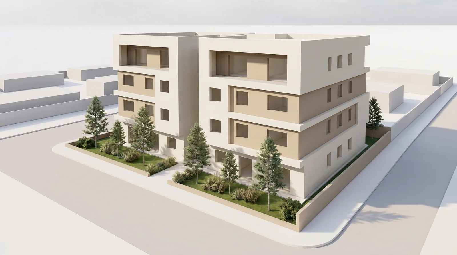 Visualisation 3D indicative d'un projet résidentiel collectif en R+3 — secteur Bouskoura